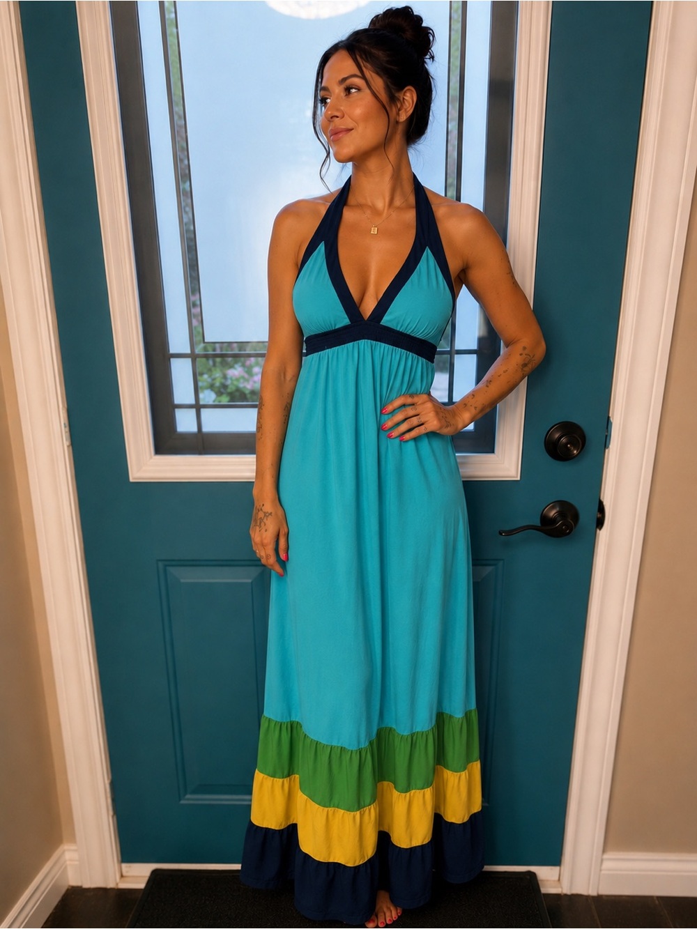 Roxy Turquoise & Navy Maxi Dress with Green Hem